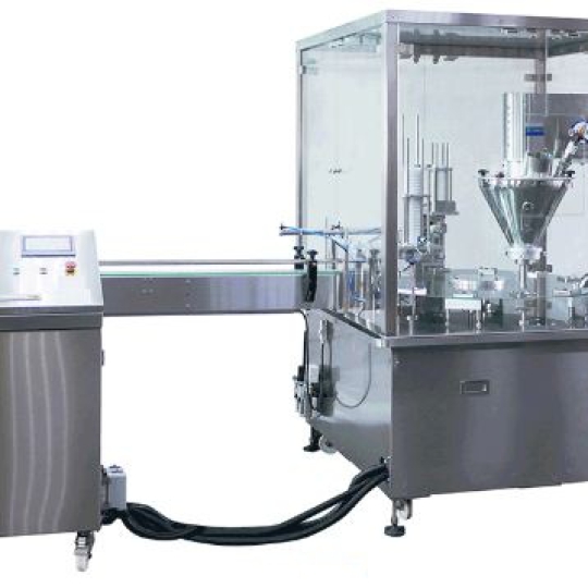 Máy chiết rót hàn dán màng miệng ly, tô, chén, khay, vĩ, chai, lọ, bình, hộp, hũ tự động dạng xoay cho bột, hạt, viên, cốm, hột