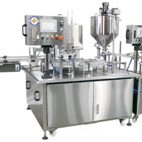 Máy chiết rót hàn dán màng miệng ly, tô, chén, khay, vĩ, chai, lọ, bình, hộp, hũ tự động dạng xoay cho chất lỏng, dịch đặc