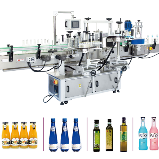 Máy dán nhãn chai 2 mặt trước, sau và nhãn cổ chai, nắp chai tự động 3 trong 1