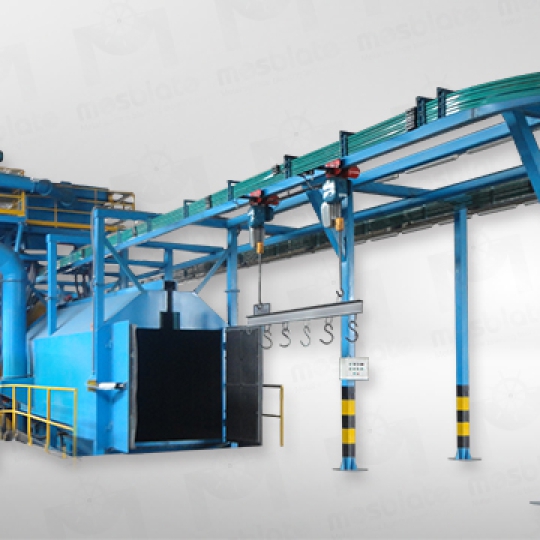 Máy phun bi dạng treo ray dẫn thông suốt liên tục
