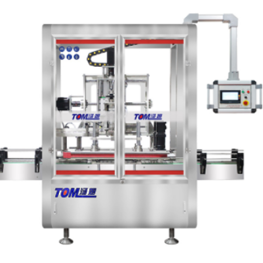 Máy siết nắp chai tự động dạng ngàm kẹp gắp đặt nắp và vặn nắp di chuyển theo chai