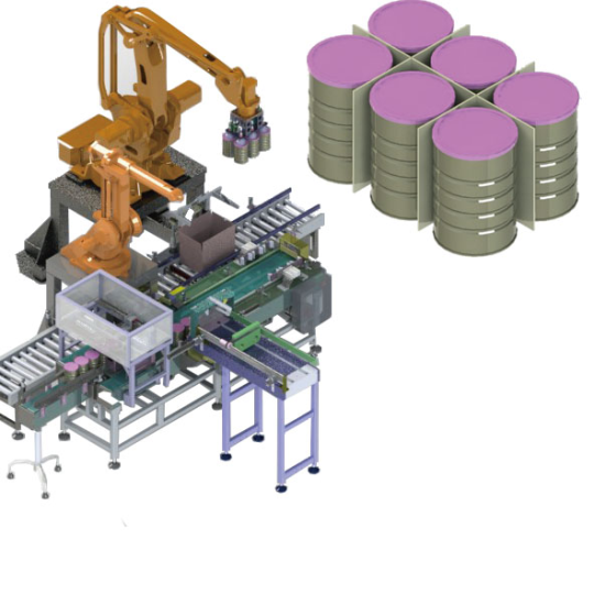 Robot đóng chai, lọ, lon, bình, can, hộp, hũ, ly, tô vào thùng carton tự động có tấm vách ngăn chia