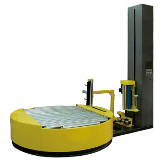 Máy quấn màng PE pallet bàn xoay có băng tải con lăn