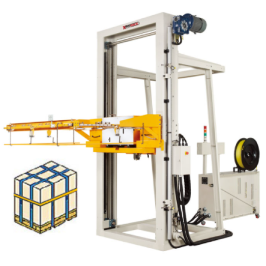 Máy đóng đai pallet, thùng gỗ, thùng hàng, kiện hàng tự động dạng đai nằm ngang